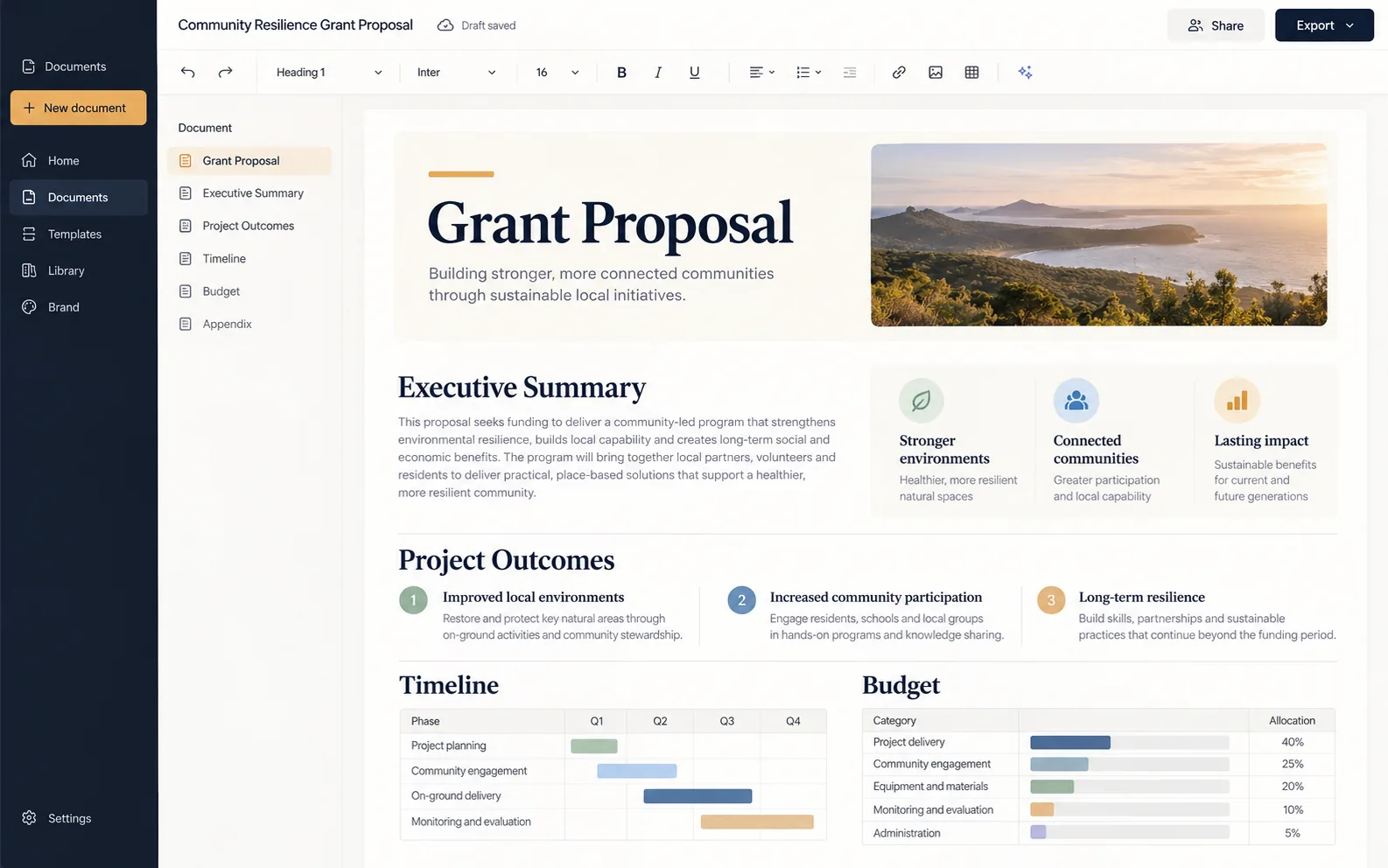 Screenshot of a finished grant proposal