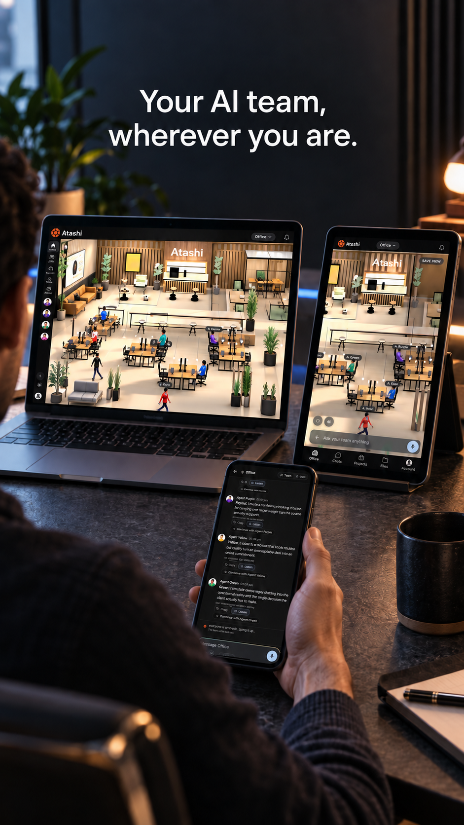 Previously approved Atashi campaign visual across a laptop, tablet and phone