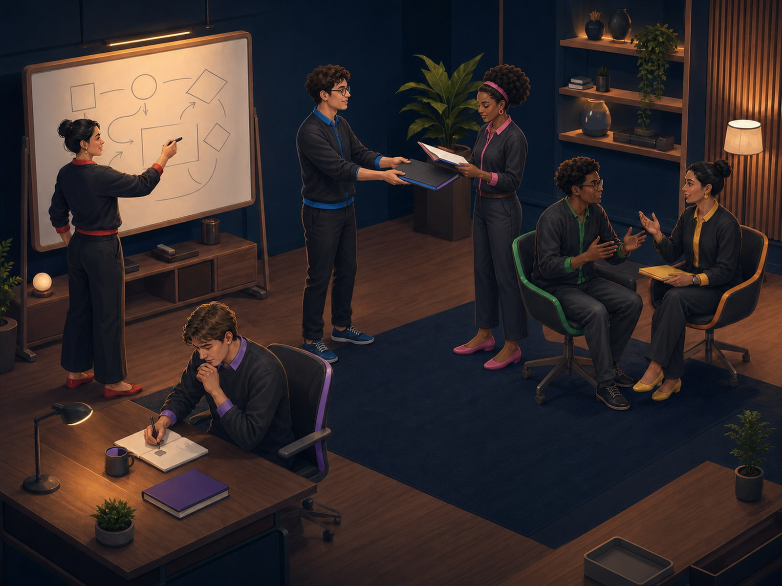 Atashi's established illustration of specialist agents collaborating in an office