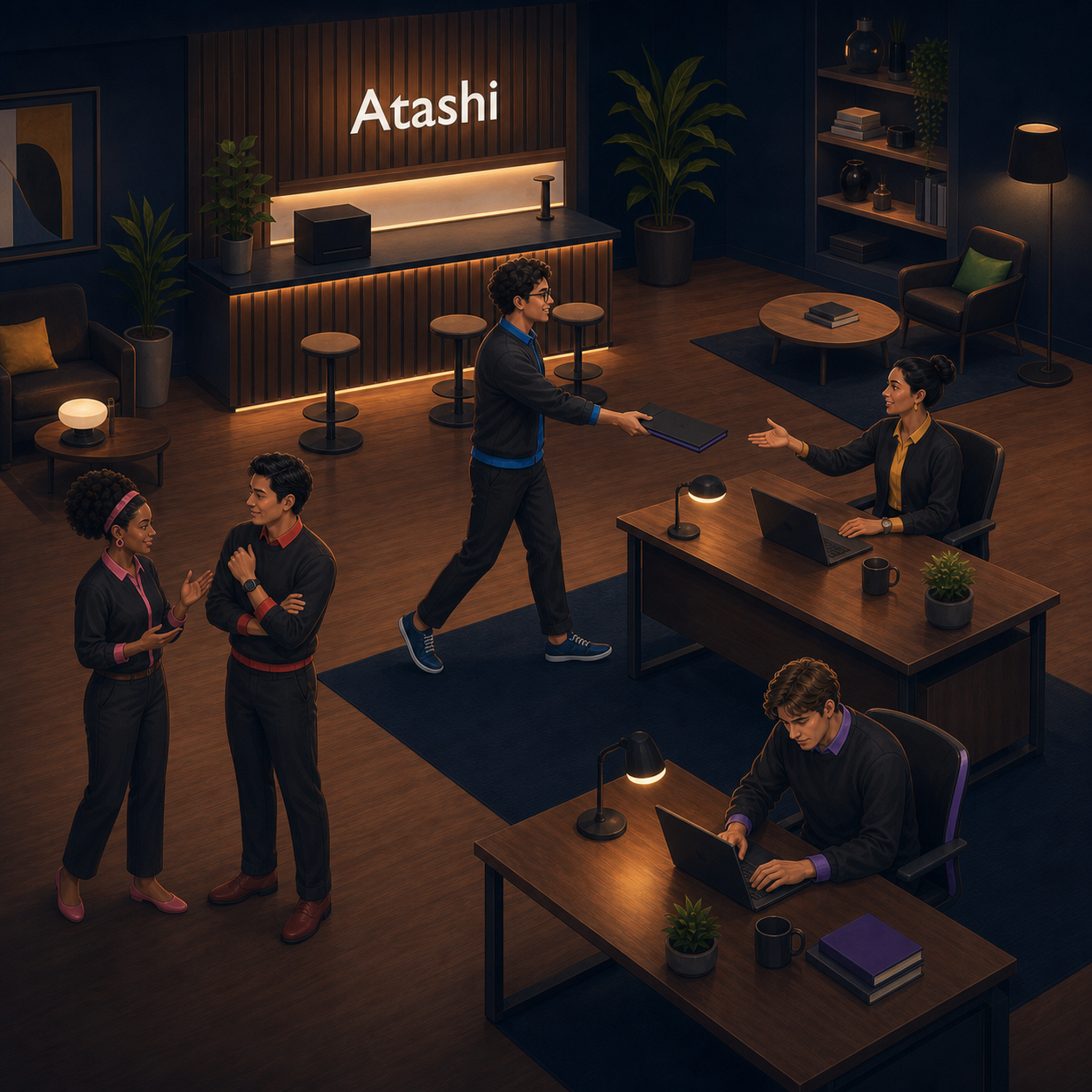Inside the Atashi office: a teammate walks work across for a handoff while others focus and discuss, under the Atashi wall sign